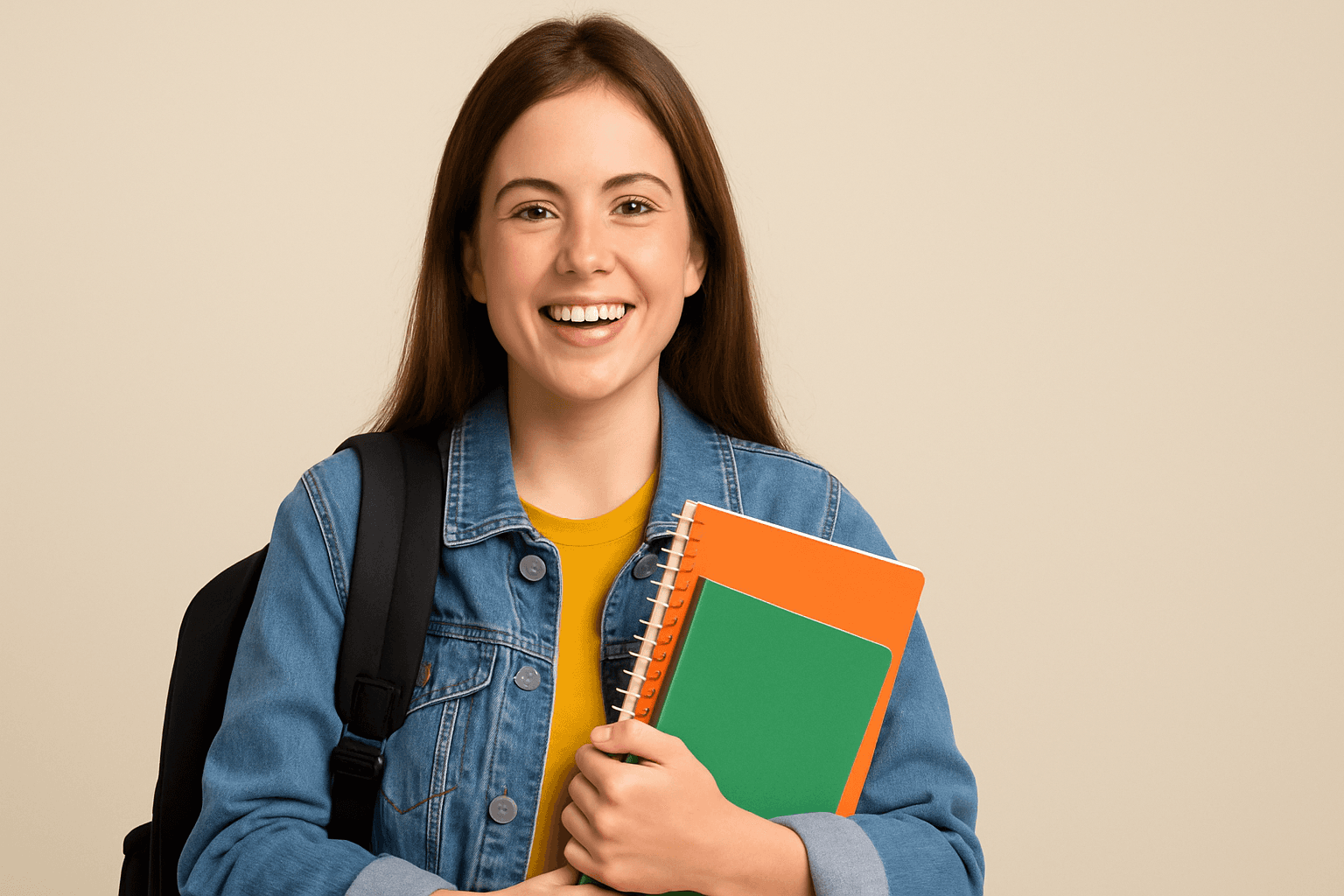A cheerful student smiling while holding a backpack and school supplies