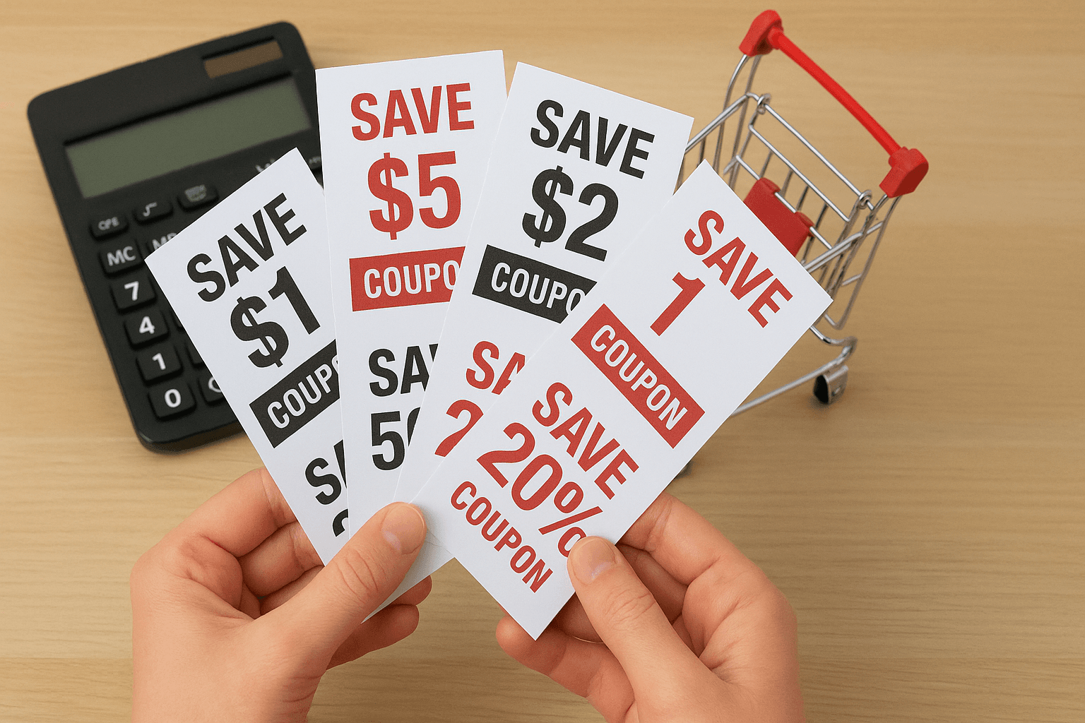 A person holding a handful of coupons with a calculator and shopping cart in the background