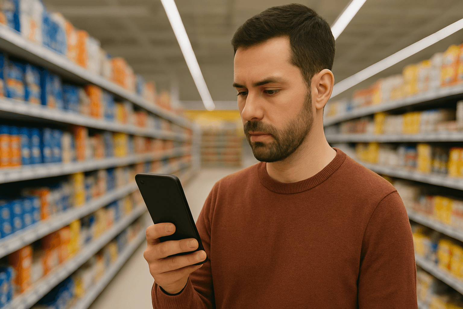 Person comparing prices on a phone in a store aisle, highlighting price matching
