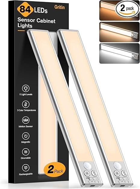 Gritin 2-Pack 10.2" Rechargeable LED Under Cabinet Lights