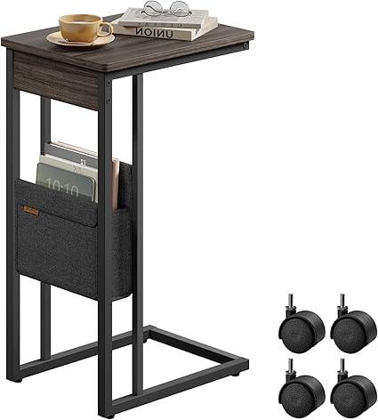 VASAGLE C-Shaped Side Table with Casters and Storage Bag