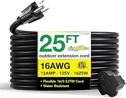 Go Green Power 25' 16/3 Outdoor Extension Cord (Black)