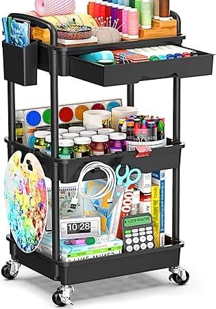 SUNALLY 3-Tier Rolling Storage Cart with Drawers and Hooks
