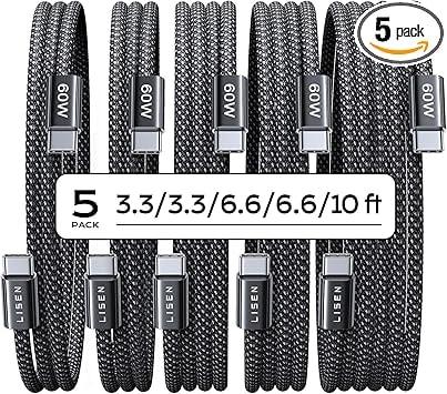 LISEN 5-Pack 60W USB-C Charging Cables