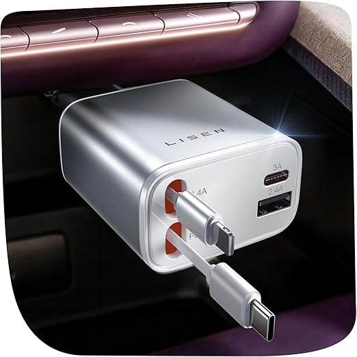 LISEN 4-in-1 Retractable USB-C + Lightning Car Charger