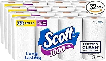 Scott 1000 Toilet Paper - 32 Rolls, 1-Ply, 1000 Sheets per Roll