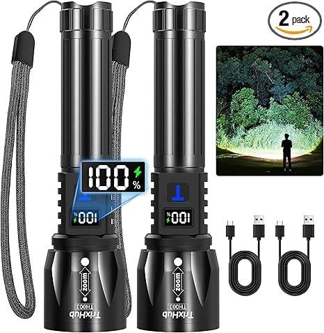 TrixHub Rechargeable LED Flashlight 2-Pack with LCD Display
