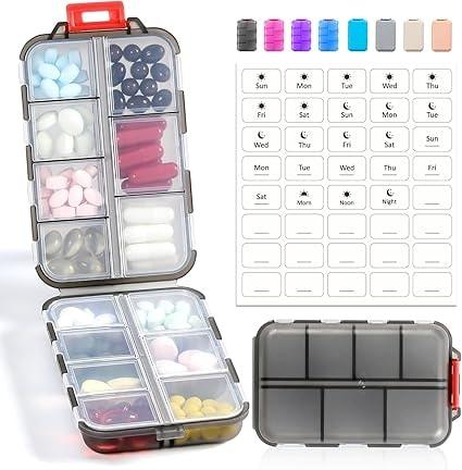 LANDNEOO 14-Grid Travel Pill Organizer Box with Labels