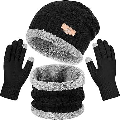 Teqihat 3-in-1 Winter Beanie Hat, Neck Warmer & Gloves Set for Men and Women