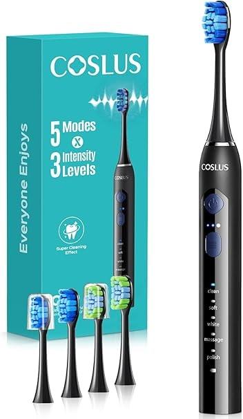 COSLUS Sonic Electric Toothbrush with 4 Replacement Heads - Black