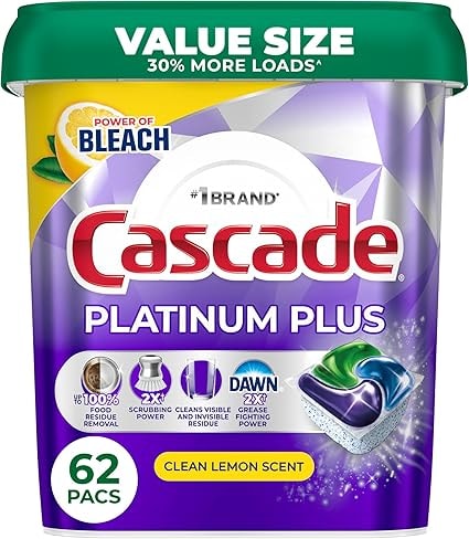 Cascade Platinum Plus Dishwasher Pods, 62 Count, Lemon Scent