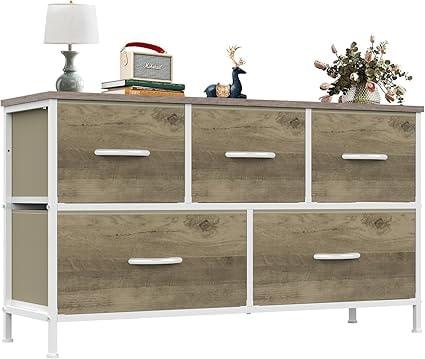 OLIXIS 5-Drawer Fabric Dresser with Metal Frame (Greige Oak)