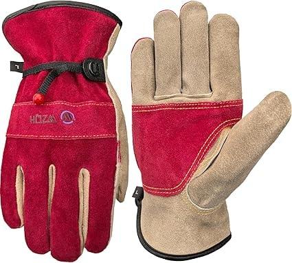 WZQH Women's Leather Work Gloves - Rose Red/Grey, Large