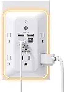 Addtam 5-Outlet Surge Protector with 4 USB Ports and Night Light