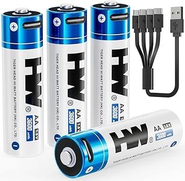 HW 4-Pack AA USB-C Rechargeable Lithium Batteries 3600mWh