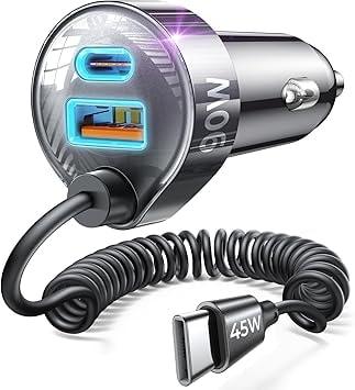 LISEN 90W USB-C Car Charger with Built-in Coiled Cable