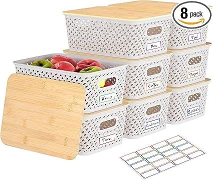 Anysig Plastic Storage Bins with Bamboo Lids 8 Pack