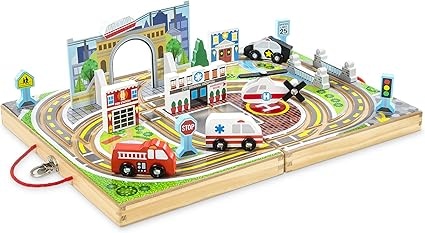 Melissa & Doug 18-Piece Wooden Take-Along Tabletop Town Playset